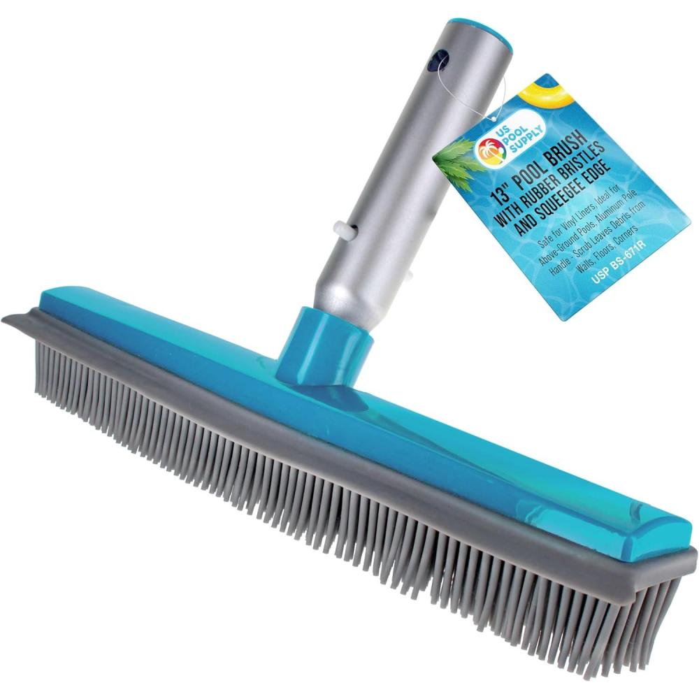 U.S. Pool Supply Pool Brush Head for Inground Pools – 17.7″ Swimming Pool Brush with Pole Handle, Bristle Scrub Brushes with Curved Ends, Above Ground Cleaning Equipment Scrubber Cleaner Leaves Debris(13″ Rubber Bristles)